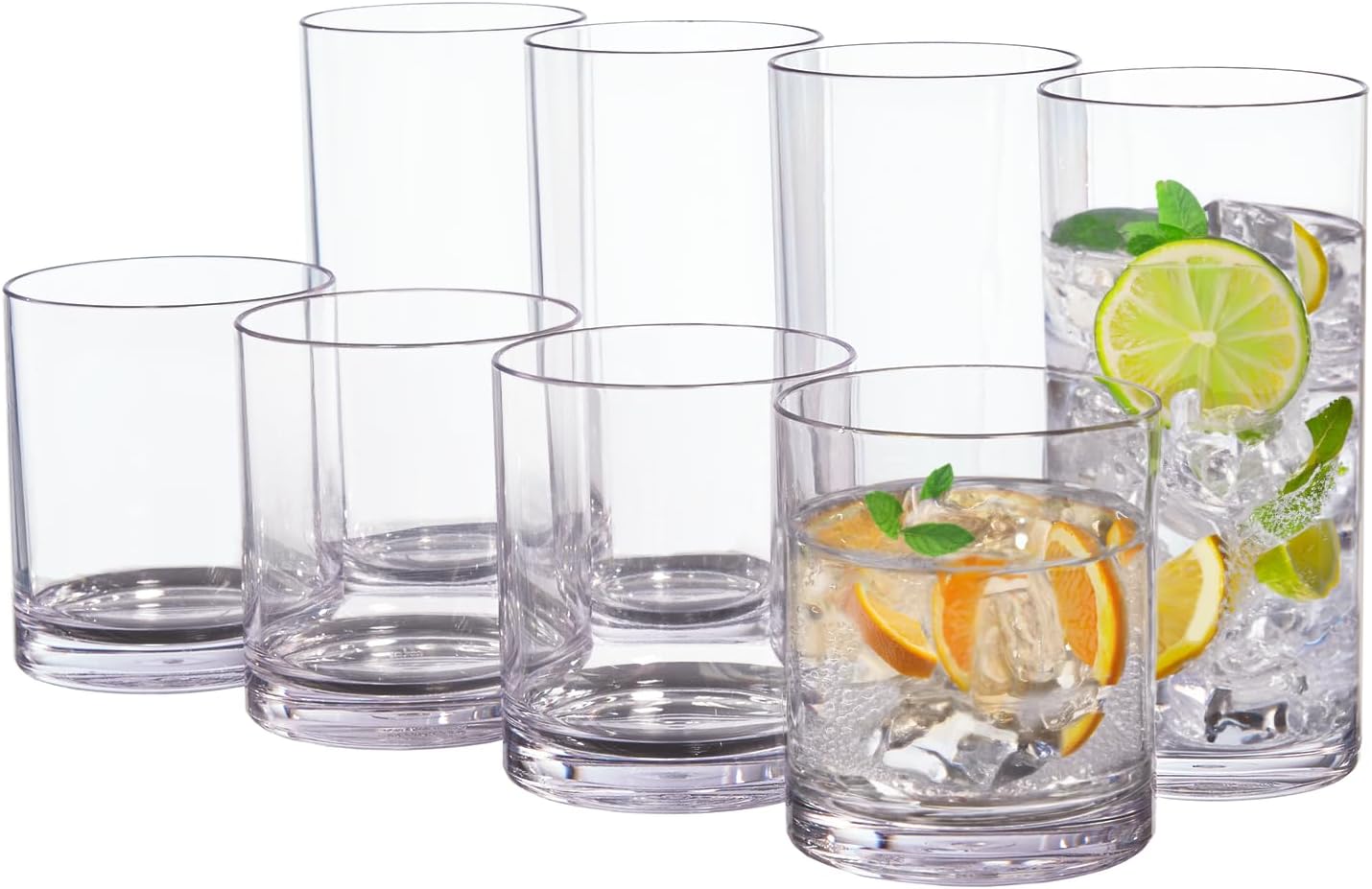 US Acrylic Classic Clear Plastic Reusable Drinking Glasses (Set of 8) 12oz Rocks \u0026 16oz Water Cups | BPA-Free Tumblers, Made in USA | Top-Rack Dishwasher Safe